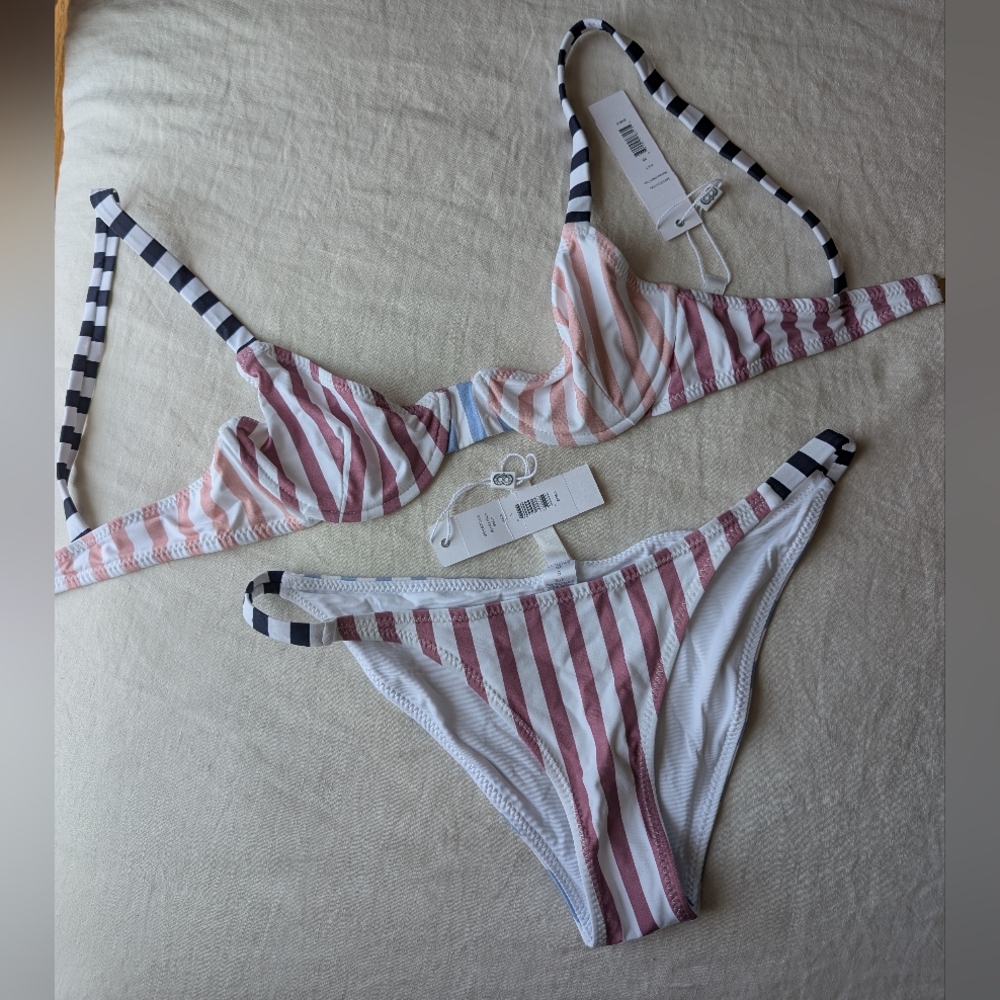 Caroline Constas Striped Bikini - Pink and White